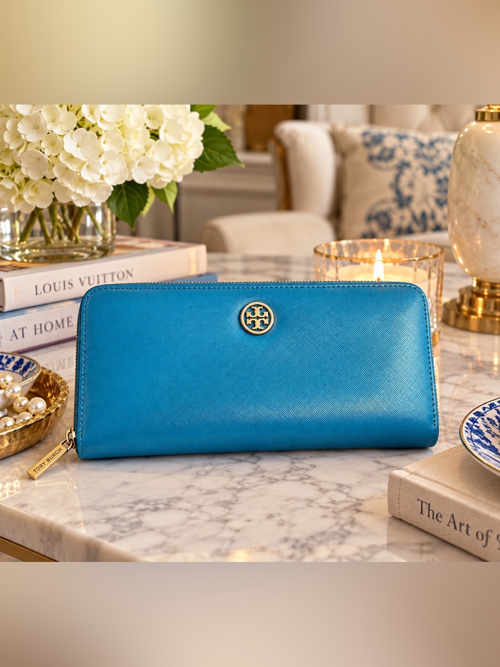 Tory Burch Blue Saffiano Leather Zip Around Wallet Clutch
